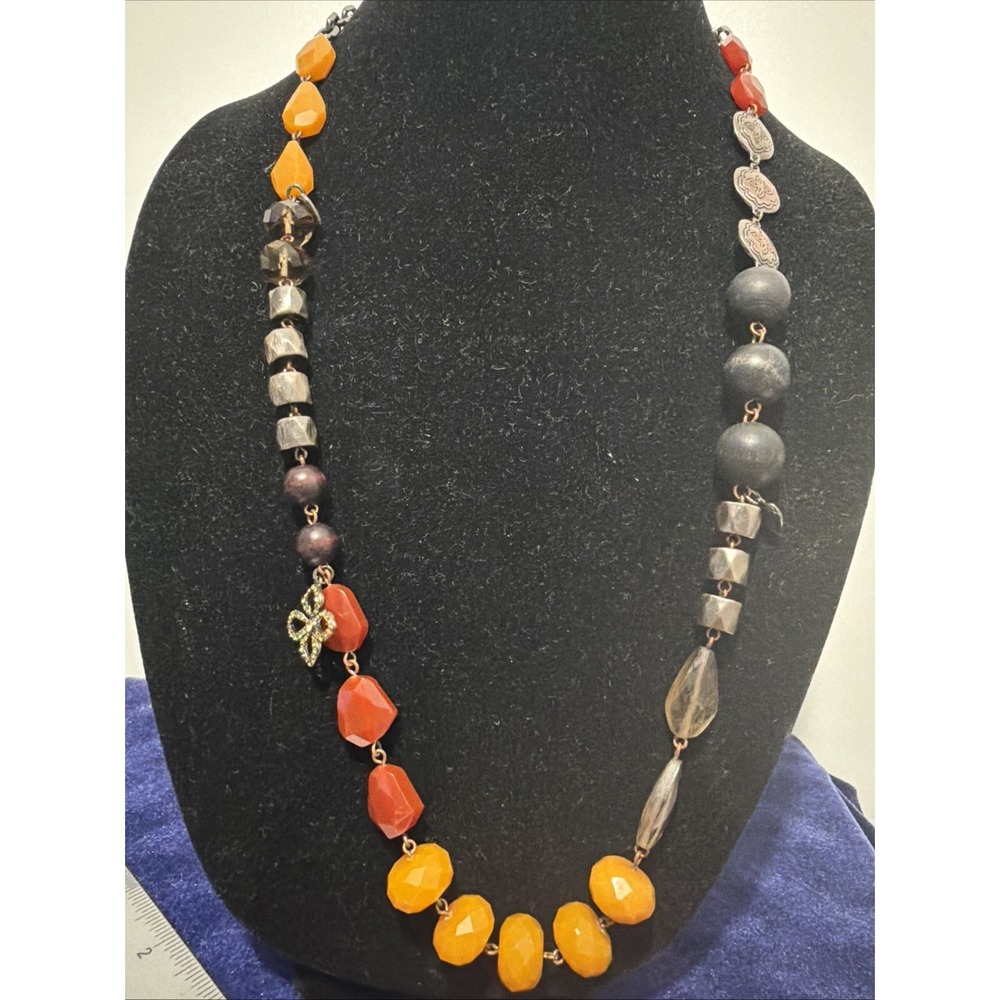 Y2K Fossil Boho Acrylic Carnelian Stone Mix Beads Chain Necklace   28"